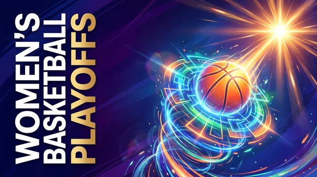 Women's Basketball Playoffs Digital Poster with Glowing Basketball, Futuristic Neon Energy Trails and Flare on Dark Background for Sports Event