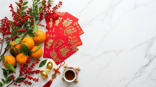 Celebrating the vibrant and joyful chinese new year with traditional decorations citrus fruits and auspicious red envelopes for good