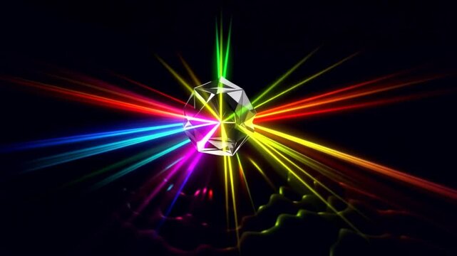 A glass prism splits a white neon beam into vivid spectral rays in a seamless optical background.