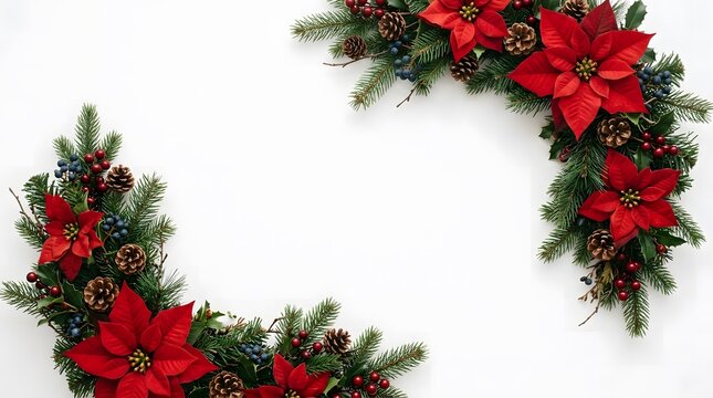 Beautiful festive merry christmas background featuring red poinsettia flowers and green pine branches on white surface