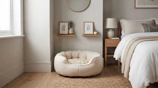 A fluffy pet bed sits in a quiet corner of a bright bedroom. Soft sunlight streams through the window, casting warm light on stylish decor. Nearby, framed botanical prints add a touch of nature.