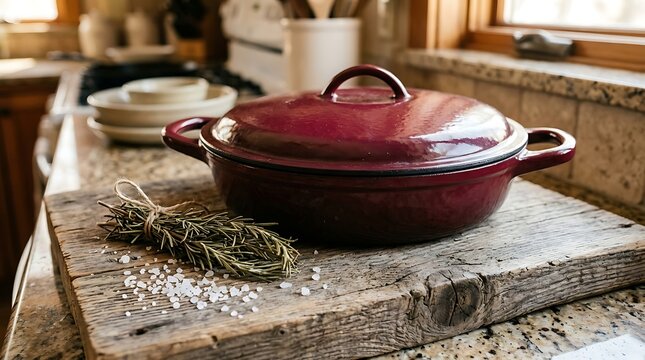 Dark burgundy enameled cast iron dutch oven resting on rustic wooden cutting board with fresh rosemary sprigs and coarse sea salt in cozy warm kitchen setting for cooking preparation