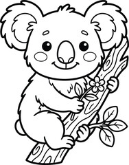 Obraz premium Cute cartoon koala bear holding a flower on a tree branch, black and white line art drawing for coloring book page