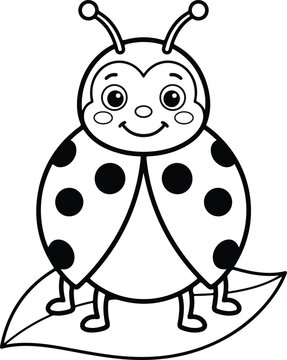 Cute cartoon ladybug standing on a leaf, simple outline drawing for kids coloring page