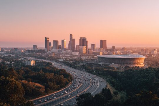 Cityscape with Highway and Stadium at Sunset