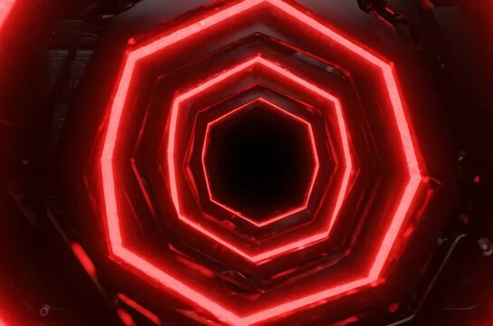 Red neon hexagonal frames open and close like a futuristic aperture in a seamless 3D loop.