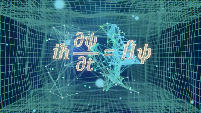 Glowing Schrodinger equation animation floating in abstract quantum physics space motion background