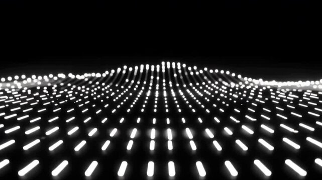 Thousands of white neon dashes pulse into a flowing wave in a seamless monochrome digital background.