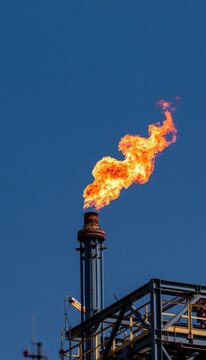 Offshore oil platform flare stack burning against clear blue sky