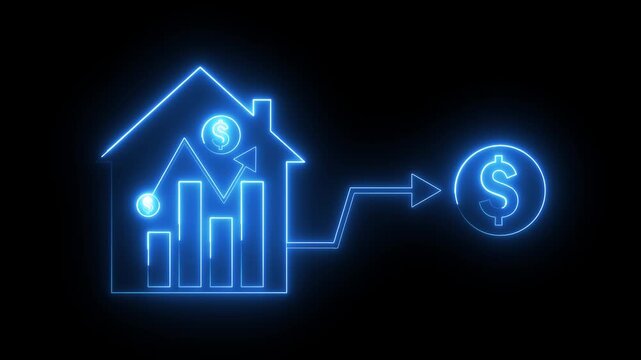 Glowing neon blue color business graph sign icon animation dollar money finance chart arrow report profit diagram investment success sign symbol on black background
