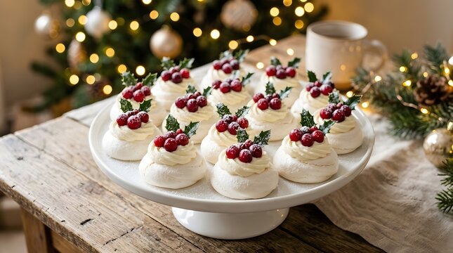 A festive platter of delicious mini pavlova desserts decorated with fresh cranberries to celebrate a merry christmas holiday