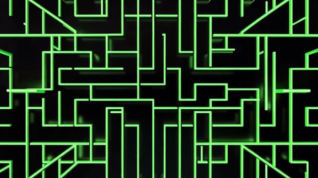 An electric green neon maze continuously reconfigures into new seamless geometric patterns.