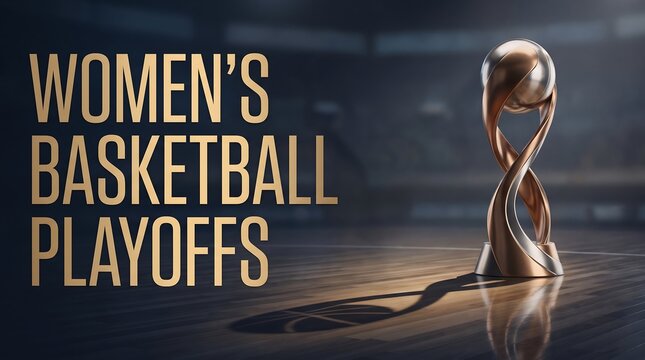 Women's Basketball Playoffs Gold Typography with Elegant Championship Trophy on Polished Indoor Court Background