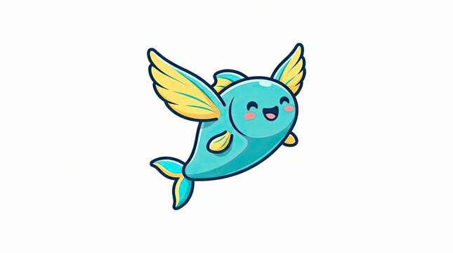 Cute cartoon flying fish character with wings isolated on white background
