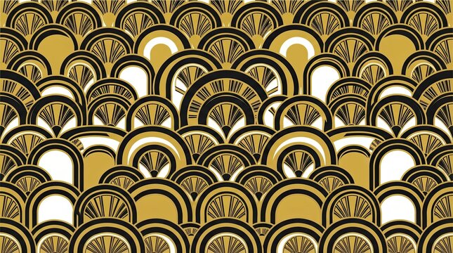 Abstract art deco seamless pattern with golden arches and green shapes