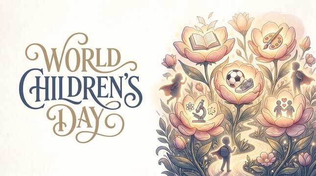 World Children's Day Celebration Background with Vintage Lettering and Floral Icons Representing Education, Sports, Science, and Creative Growth.