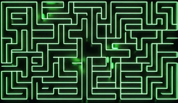 An electric green neon maze continuously reconfigures into new seamless geometric patterns.