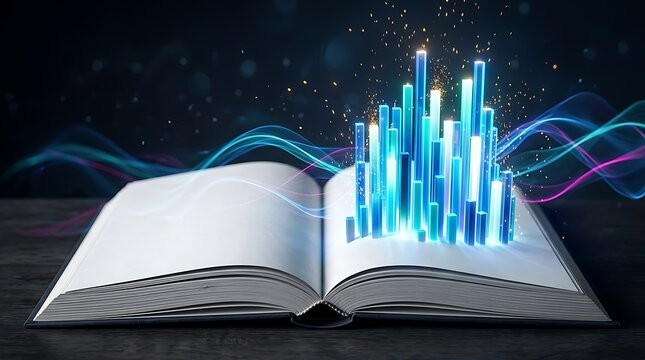 Open book on wooden table with magical glowing bar chart rising from pages to represent data growth and creative learning for educational technology and business knowledge content photography