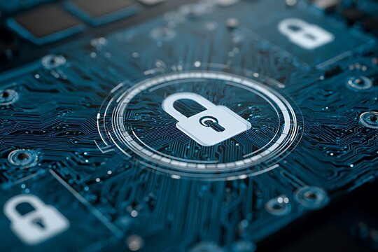 Cyber security and protection of private information and data concept. Locks on blue integrated circuit. Firewall from hacker attack.