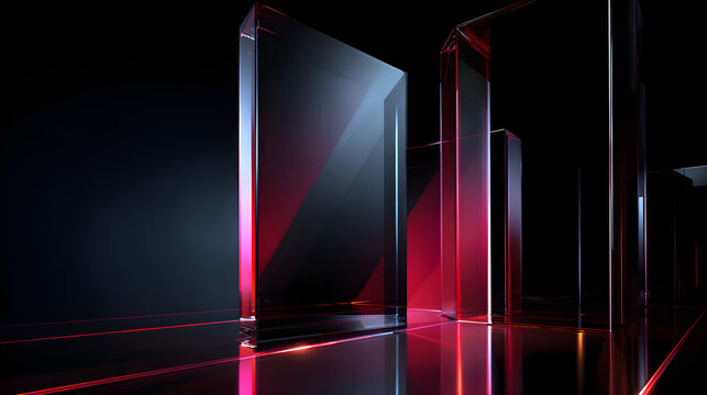 Minimal black desktop wallpaper featuring giant glass monoliths with subtle crimson light rays