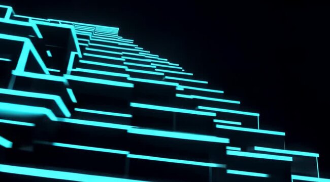An endless cyan neon staircase folds through black space in a hypnotic seamless geometric animation.