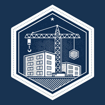 blueprint style engineering and construction logo badge with crane