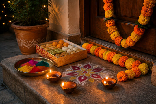 Clay diya lamps, marigold garland, rangoli powders, and Indian sweets for Diwali celebration