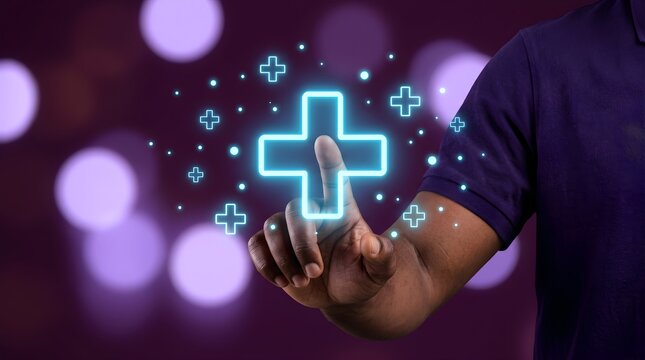 Man touching glowing plus symbol with bokeh background.