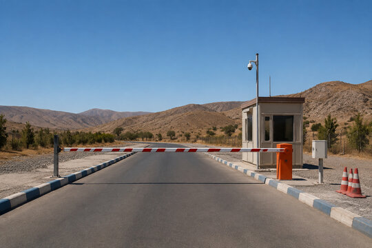 Empty road checkpoint with lowered red and white barrier arm, guard booth and cones, security and traffic control concept