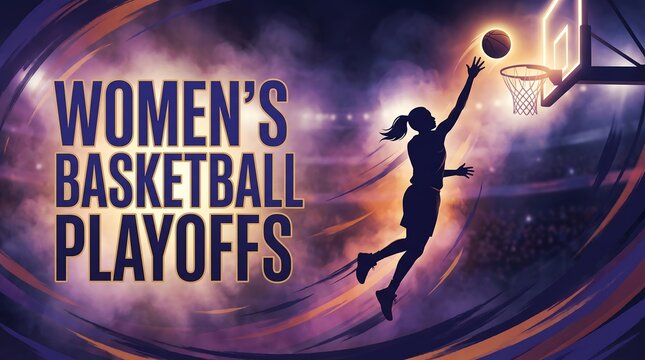 Dynamic Women's Basketball Playoffs Digital Illustration Featuring Silhouette Athlete Jumping to Hoop in Glowing Arena with Purple and Gold Accents
