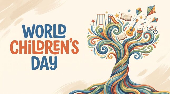 World Children's Day Celebration Banner with Artistic Colorful Swirl Tree, Books, Music, and Playground Icons for Education and Creativity
