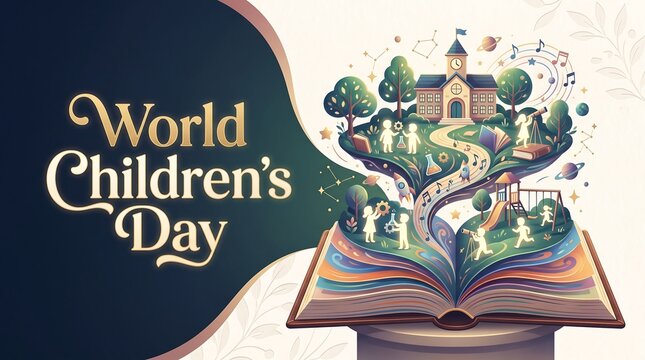 World Children's Day Celebration Banner with Magical Open Book, School Building, Kids Playing, and Educational Imagination Concept Illustration