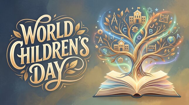 World Children's Day Banner with Magical Tree of Knowledge Growing from Open Book, Educational Icons for School and Learning Concept Illustration