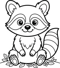 Obraz premium Cute cartoon raccoon sitting on the ground with flowers, coloring page for children, simple vector illustration