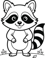 Obraz premium Cute cartoon raccoon standing on the grass, coloring page for kids