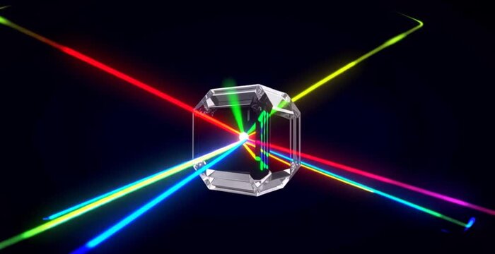 A glass prism splits a white neon beam into vivid spectral rays in a seamless optical background.