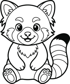 Cute cartoon red panda sitting, coloring page for kids