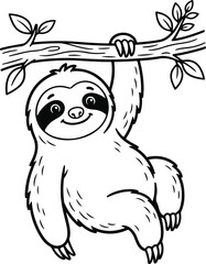 Naklejka premium Cute cartoon sloth hanging on a tree branch, black and white outline illustration for coloring book
