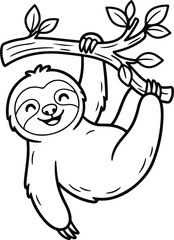 Naklejka premium Happy cartoon sloth hanging on a tree branch, simple black and white line art illustration for coloring book