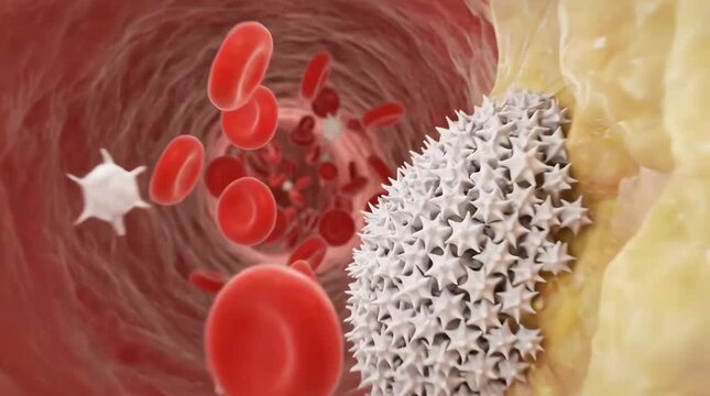 Blood clot forming on plaque inside blood vessel