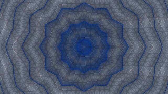 Blue geometric mandala with glowing radial symmetry and layered polygon patterns creating a futuristic kaleidoscope motion background for digital graphics and creative projects.