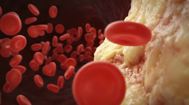 Blood flowing through clogged artery with plaque
