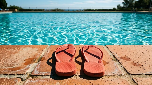 Summer flip flops on swimming pool edge, orange sandals by turquoise water at luxury resort, tropical vacation footwear on stone poolside deck, sunny holiday relaxation scene background