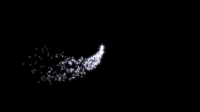 Glowing starlight glitter sparkle path, fairy dust wand glitter stars line trail transition, shining dust trail fairy sparkle burst, blinking cartoon shine stars on black screen background.4k