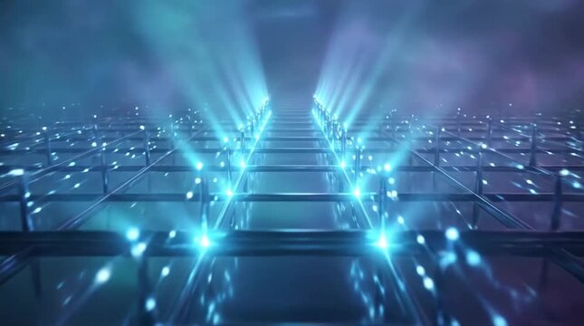 Blue light beams rising from a digital grid