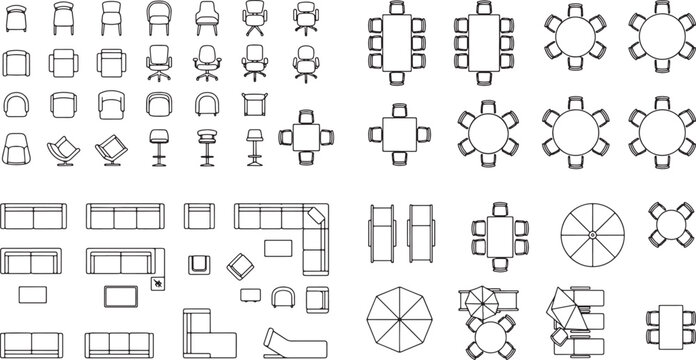 Furniture top view vector set with chairs tables and sofas for architectural floor plan design