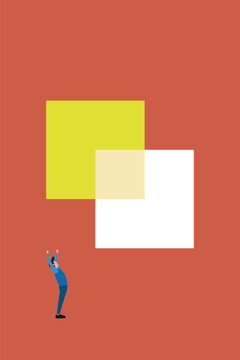 Successful businessman cheering under overlapping square shapes, representing strategic integration, corporate collaboration, project completion, and successful modern workflow solutions