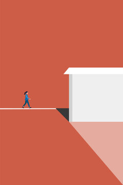 Determined business woman walks along a straight path toward a large minimalist building, symbolizing career progression and corporate opportunities