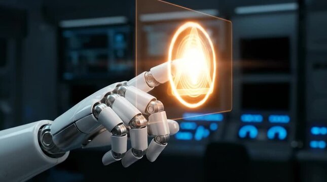 Robotic hand touching holographic warning sign