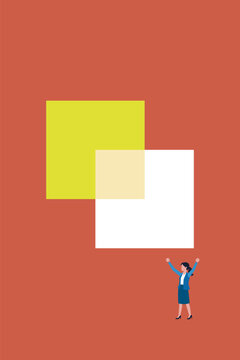 Successful business woman cheering under overlapping square shapes, representing strategic integration, corporate collaboration, project completion, and successful modern workflow solutions